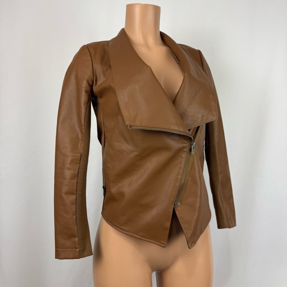 BB Dakota By Steve Madden Brown Gabrielle Asymmetrical Faux Leather Jacket XXS - Picture 3 of 12